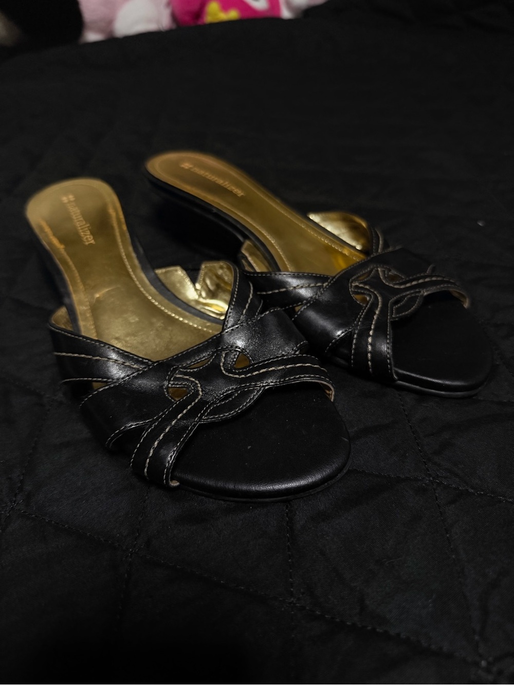 Naturalizer Black Open-Toe Slide Mules with Gold Insole